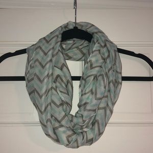 Thin teal, grey, and white infinity scarf